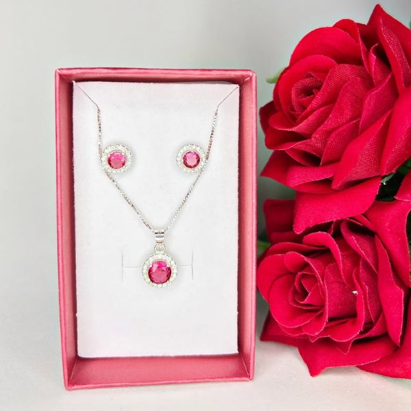 Colar e brincos em prata 925 com zircônia rosa